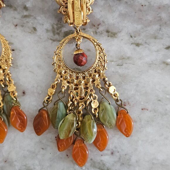 RARE JOSE MARIA BARRERA FALL LEAF STONE CRYSTAL DROP DANGLE CHANDELIER EARRINGS - Picture 10 of 11